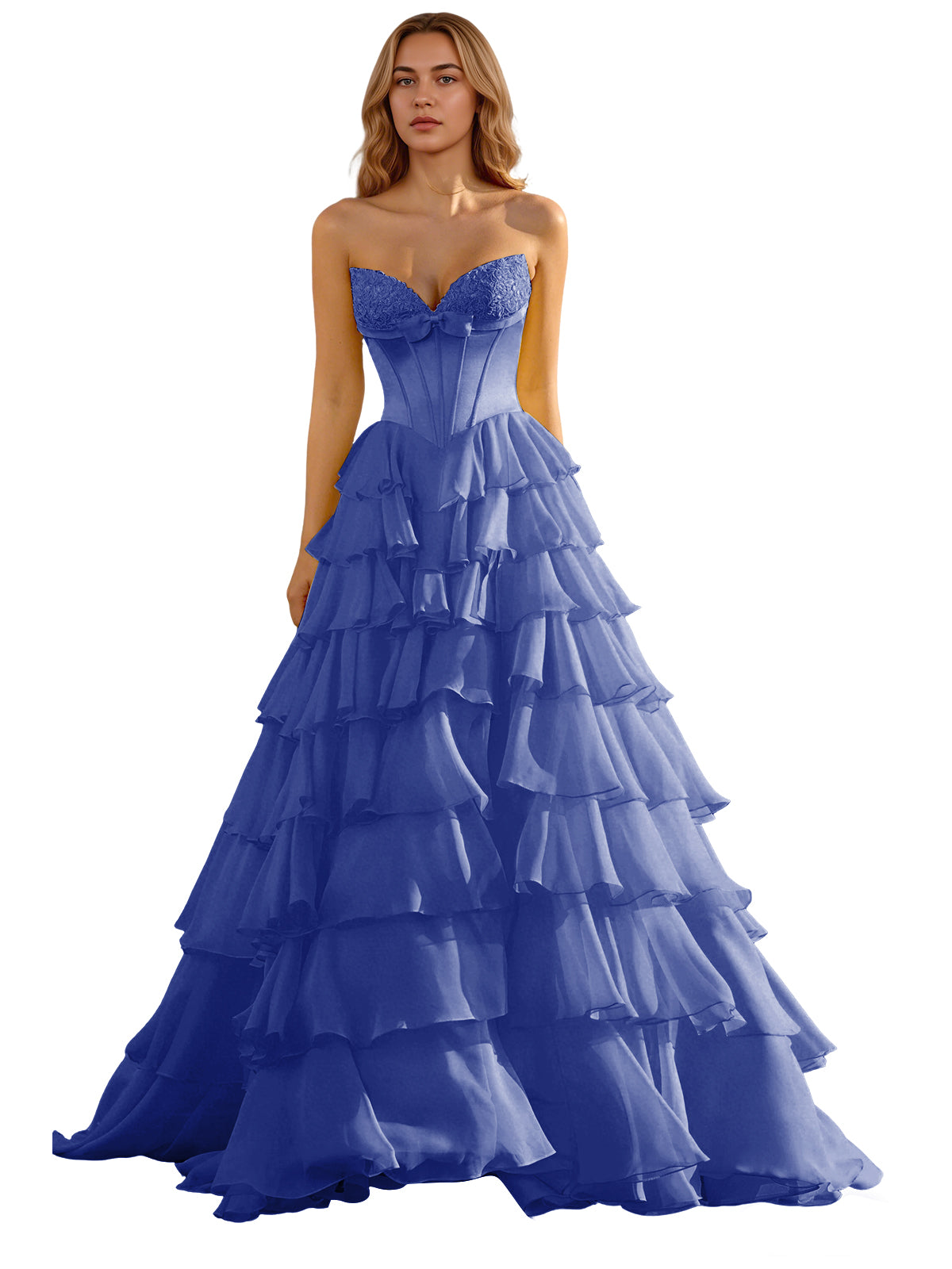 Strapless Tiered Organza Ball Gown Prom Dress with Corset Top