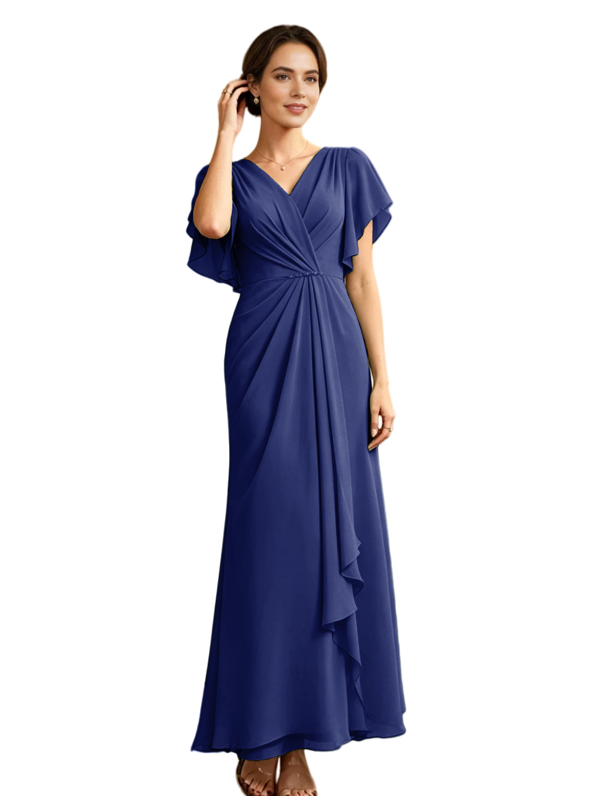 Long Chiffon Mother of the Bride Dress V-Neck Flutter Sleeve A-Line Gown with Beaded Waist