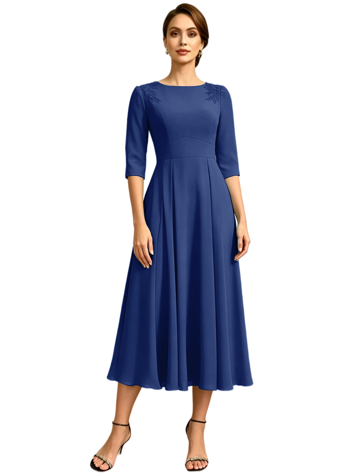 Tea Length Mother of the Bride Dress Jewel Neck Chiffon A-Line Formal Gown with Embroidery