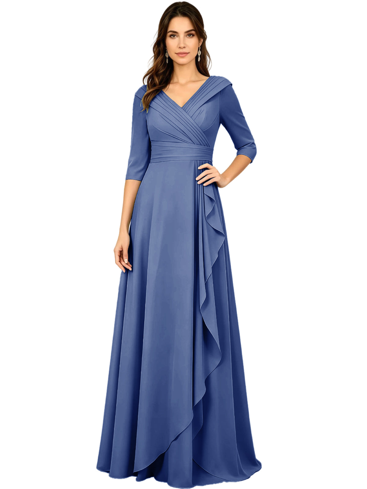 Long V-Neck Mother of the Bride Dress Chiffon Half Sleeve A-Line Gown with Side Ruffle