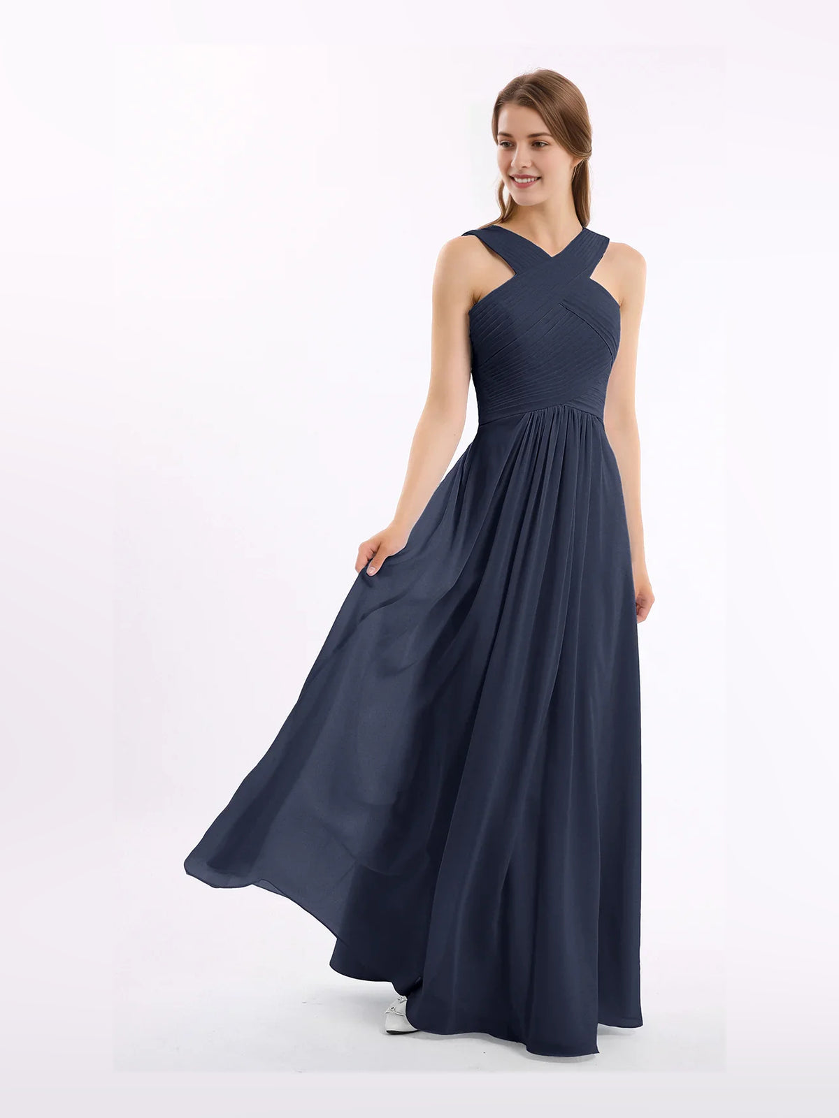 Pleated Halter Neck A-Line Maxi Chiffon Bridesmaid Dress for Estate Wedding
