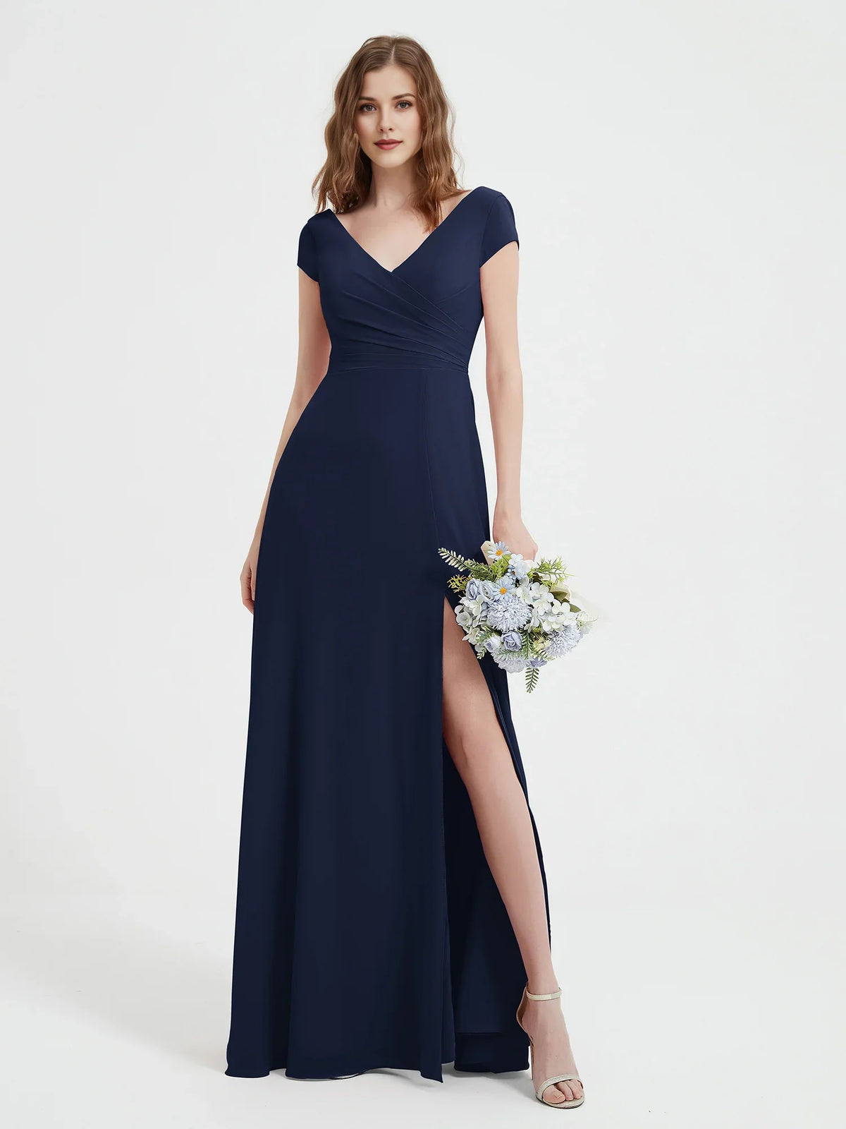 Ruched Side-Slit Slit V Neck A-Line Maxi Chiffon Bridesmaid Dress for Wedding Ceremony