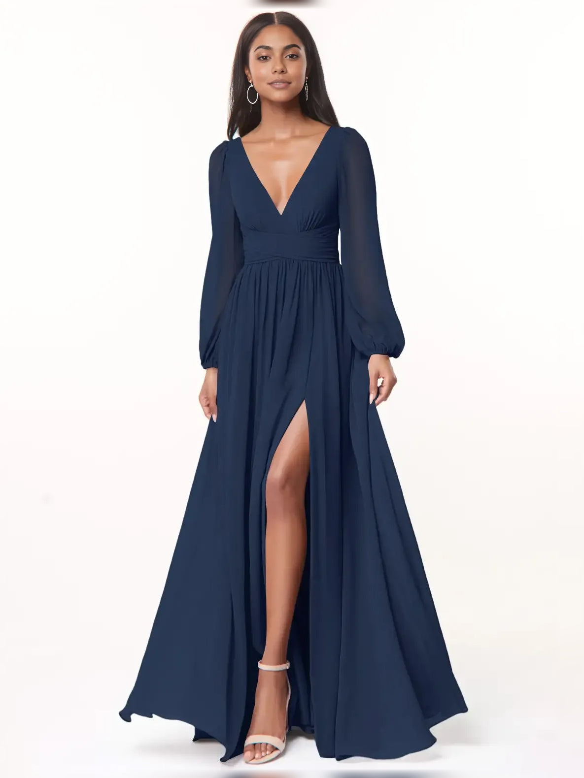 Slit Plunging Neckline A-Line Floor-Length Chiffon Bridesmaid Dress for Wedding Ceremony