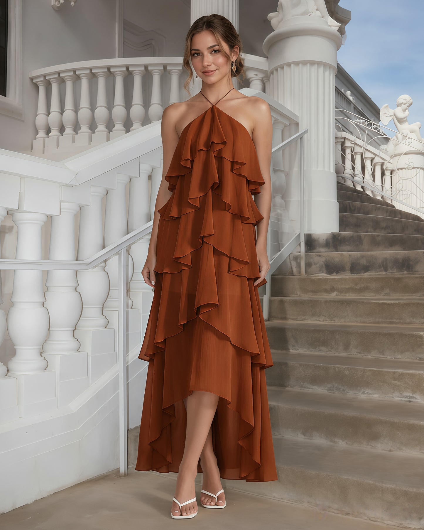 One-Shoulder Tiered Ruffle High-Low Chiffon Formal Dress