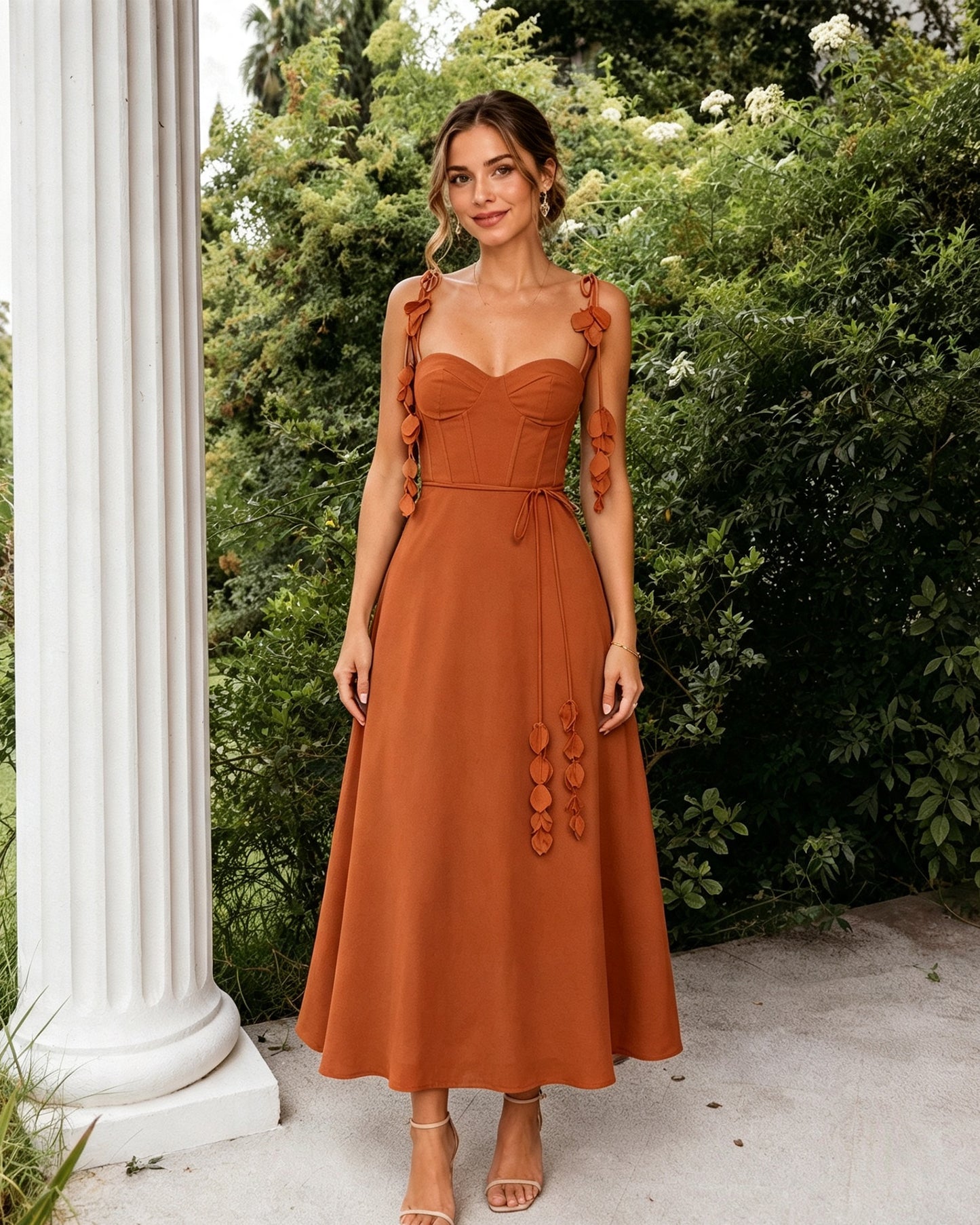 Sweetheart Floral Strap A-Line Midi Bridesmaid Dress with Corset Bodice