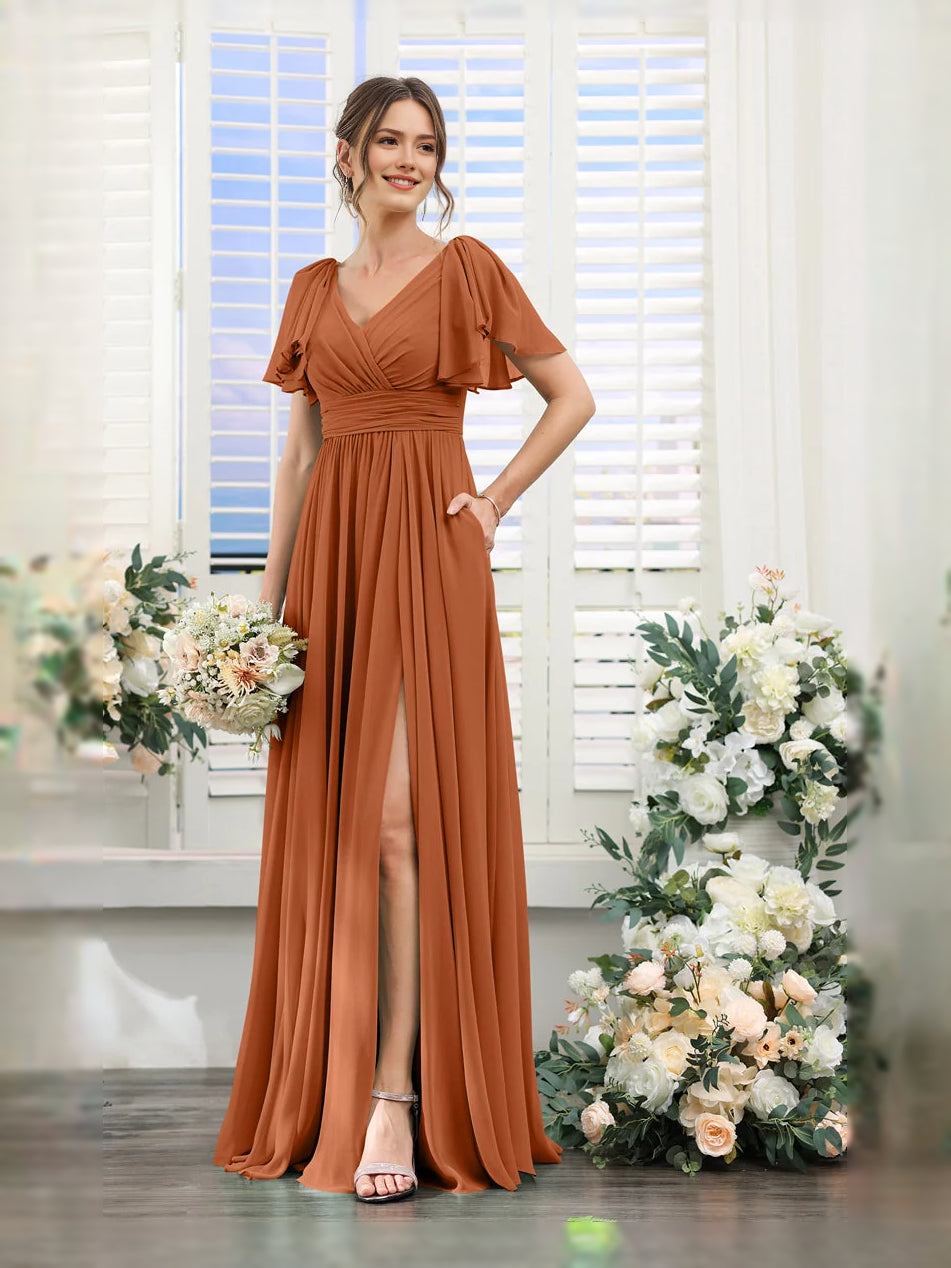 V Neck A-Line Maxi Chiffon Bridesmaid Dress for Church Wedding