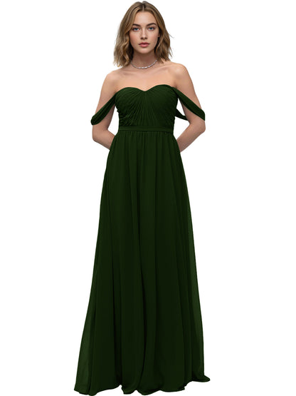 Off Shoulder Sweetheart Chiffon Bridesmaid Dress with Ruched Bodice