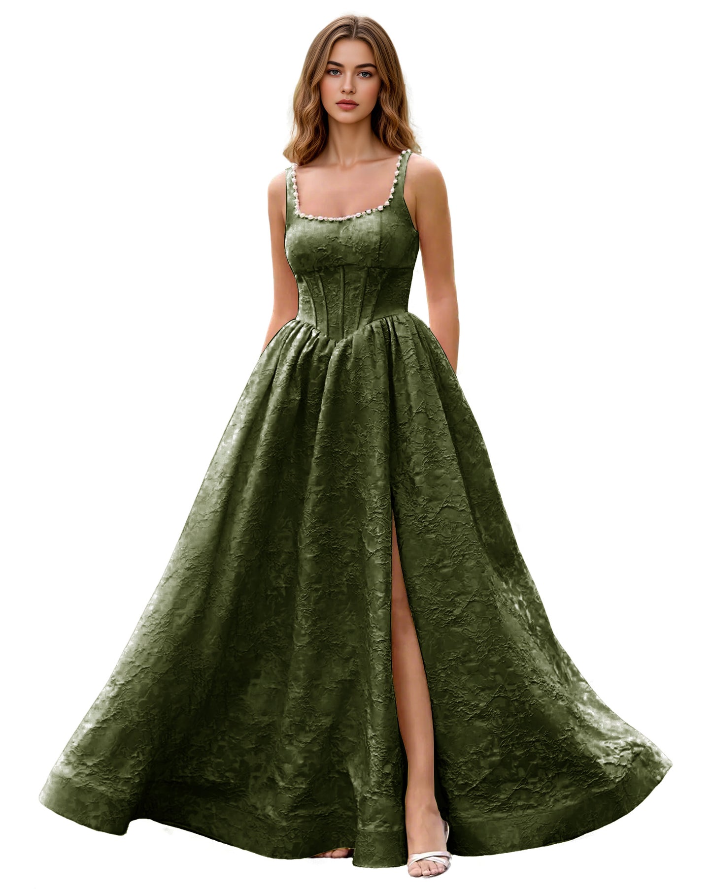 Square Neck Jacquard Ball Gown Prom Dress with Wide Straps and Pockets