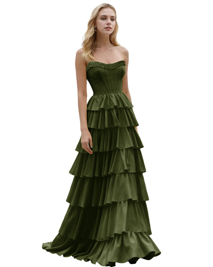 Strapless Tiered Ruffle A-Line Prom Dress with Corset Bodice