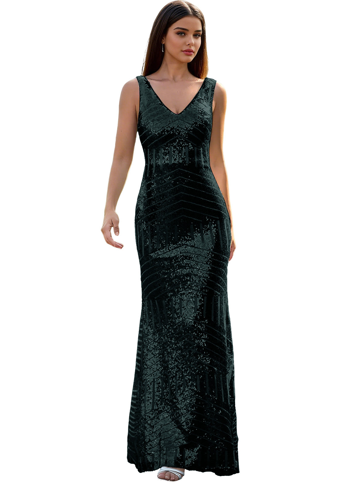 V-Neck Sequin Column Prom Dress with Beaded Waist and Low Back