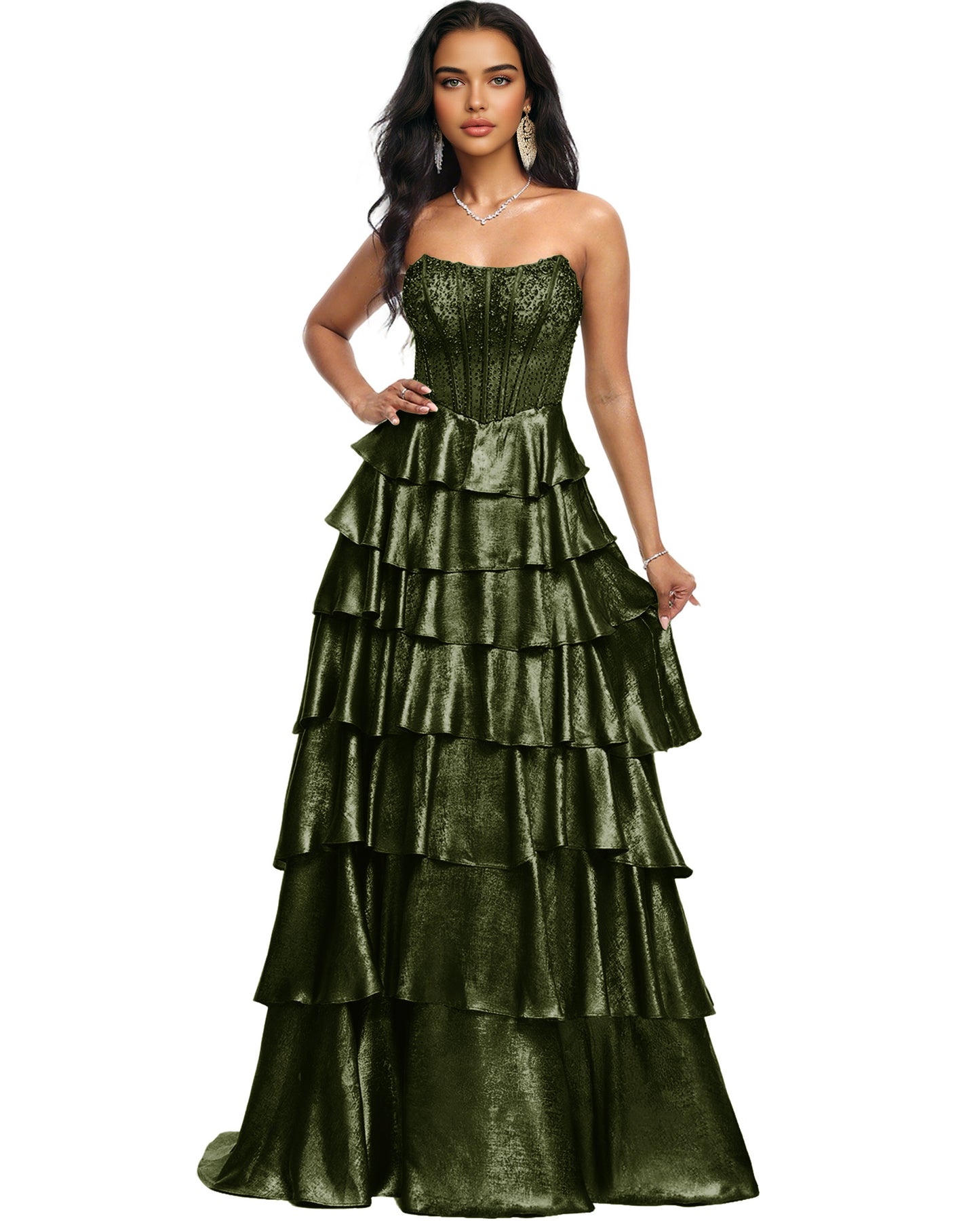 Strapless Tiered Sequin A-Line Prom Dress with Ruffle Layers