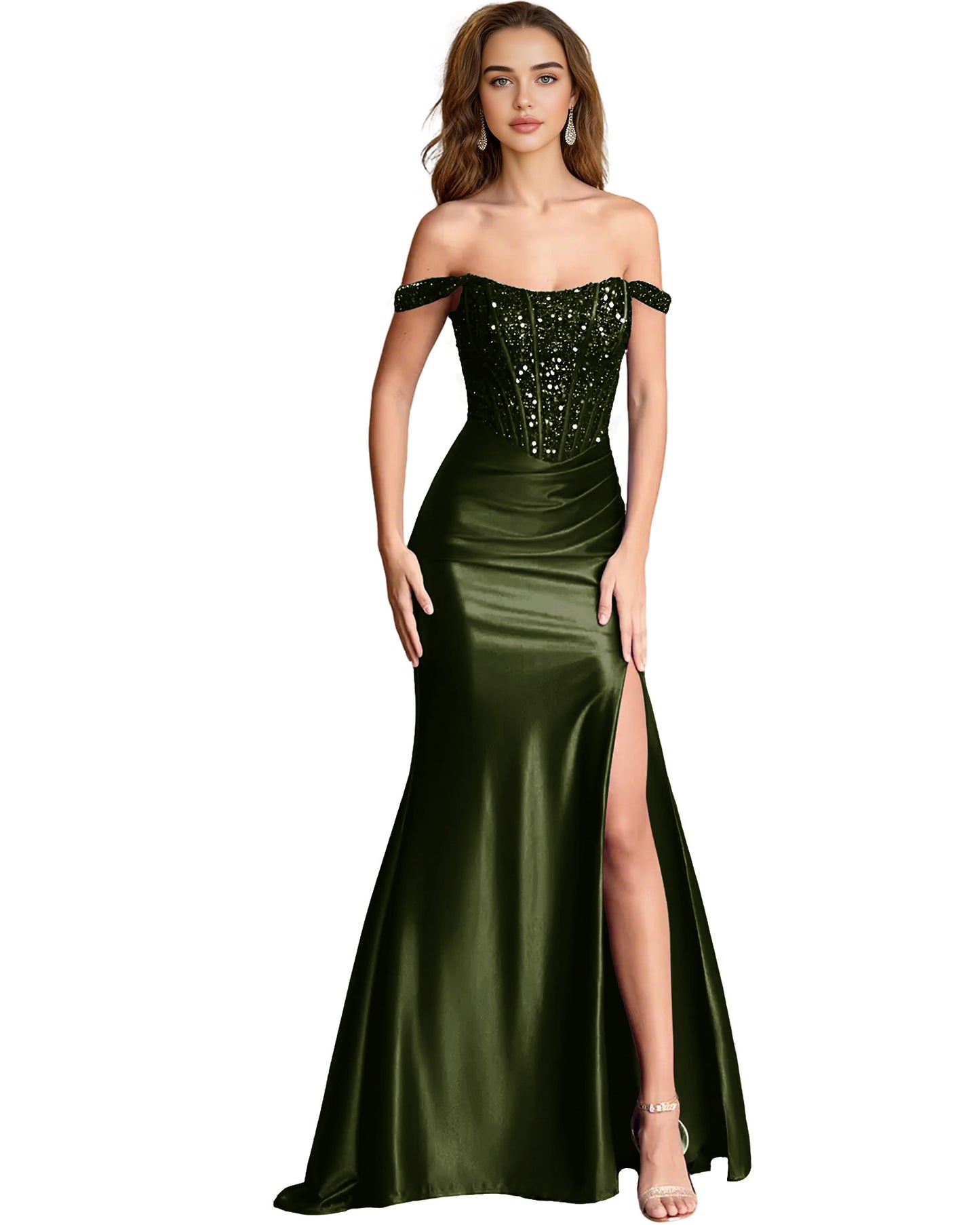 Off Shoulder Sequin Satin Mermaid Dress with Draped dress Slit