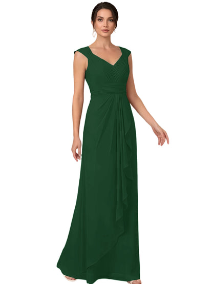 Mother of the Bride Dress Long Sleeveless V-Neck Chiffon Formal Gown with Ruffle Detail