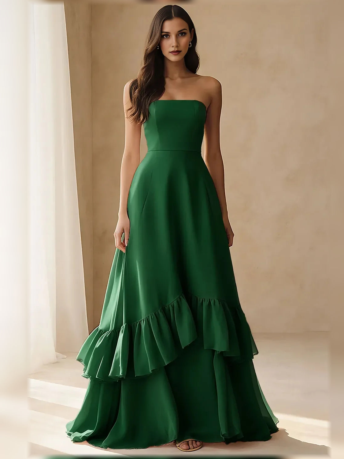 Strapless Tiered Ruffle Chiffon A-Line Formal Dress