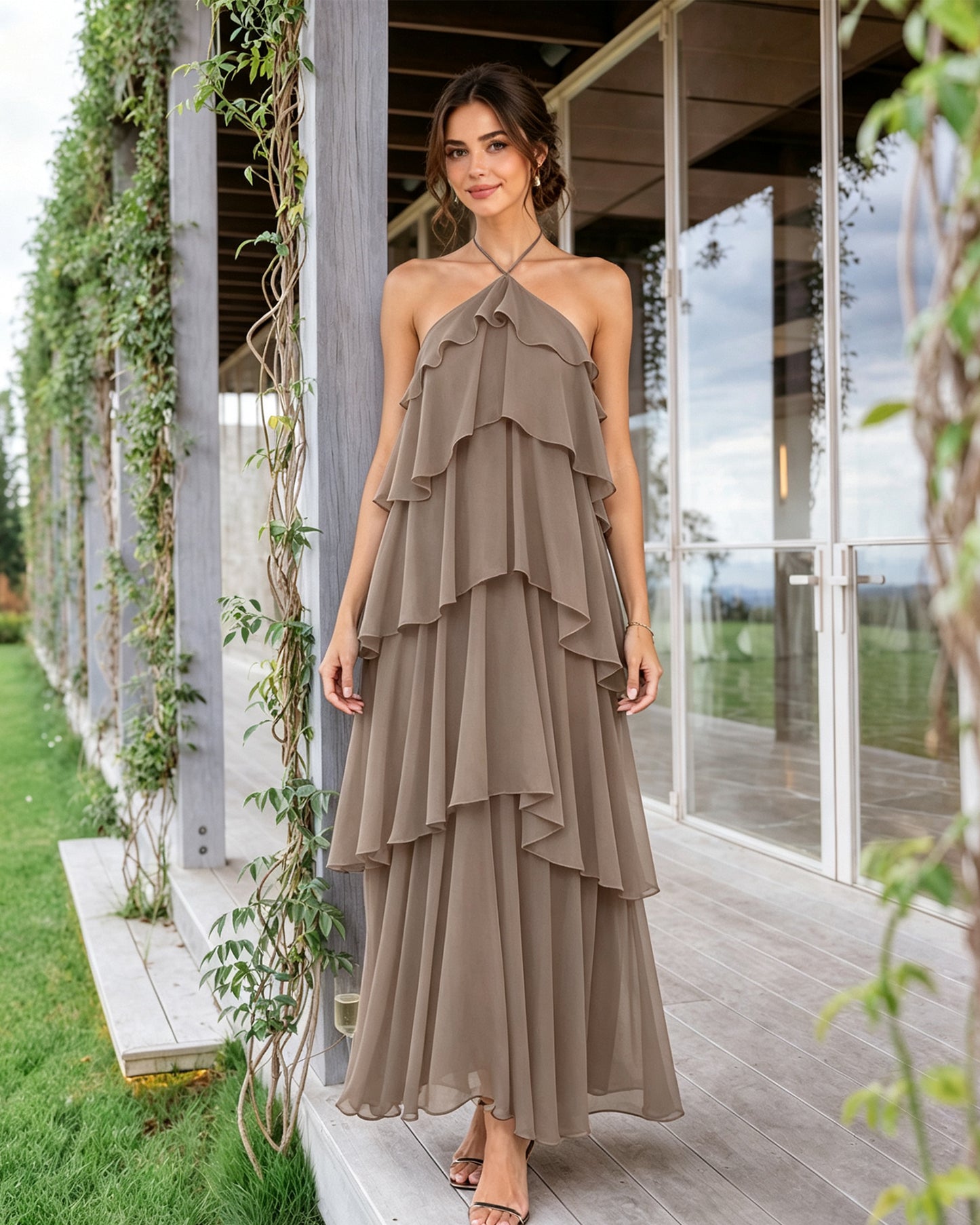 Halter Neck Tiered Chiffon Bridesmaid Dress with Ruffle Overlay