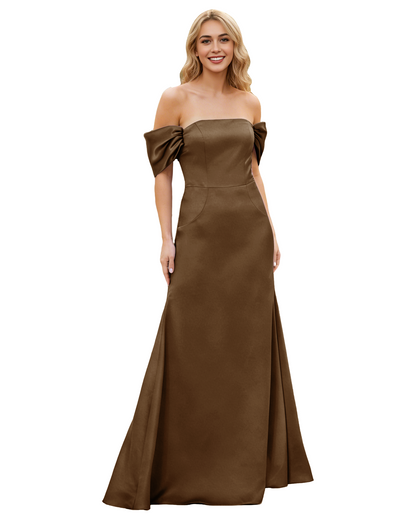 Off Shoulder Satin Bridesmaid Dress with Foldover Neckline and Trumpet Dress