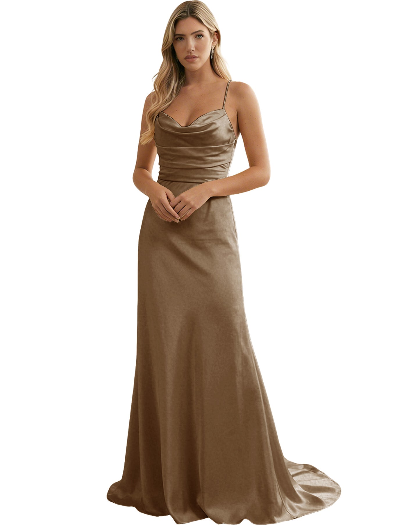 Spaghetti Straps Ruched Satin Floor Length Bridesmaid Dress