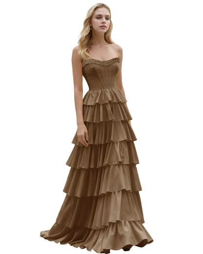 Strapless Tiered Ruffle A-Line Prom Dress with Corset Bodice