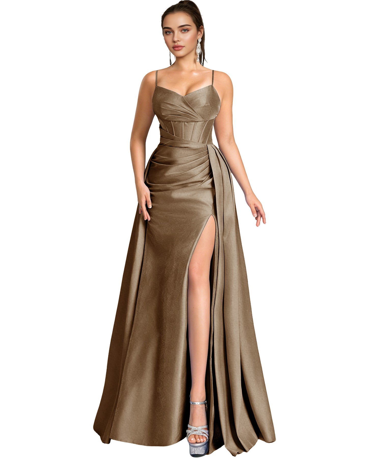 One Shoulder Satin A-Line Prom Dress with Wrap Bodice and Side Slit