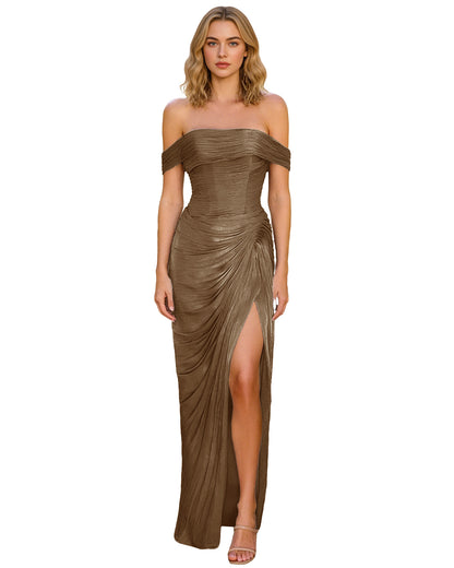 Off Shoulder Ruched Jersey Prom Dress with Wrap Bodice and High Slit