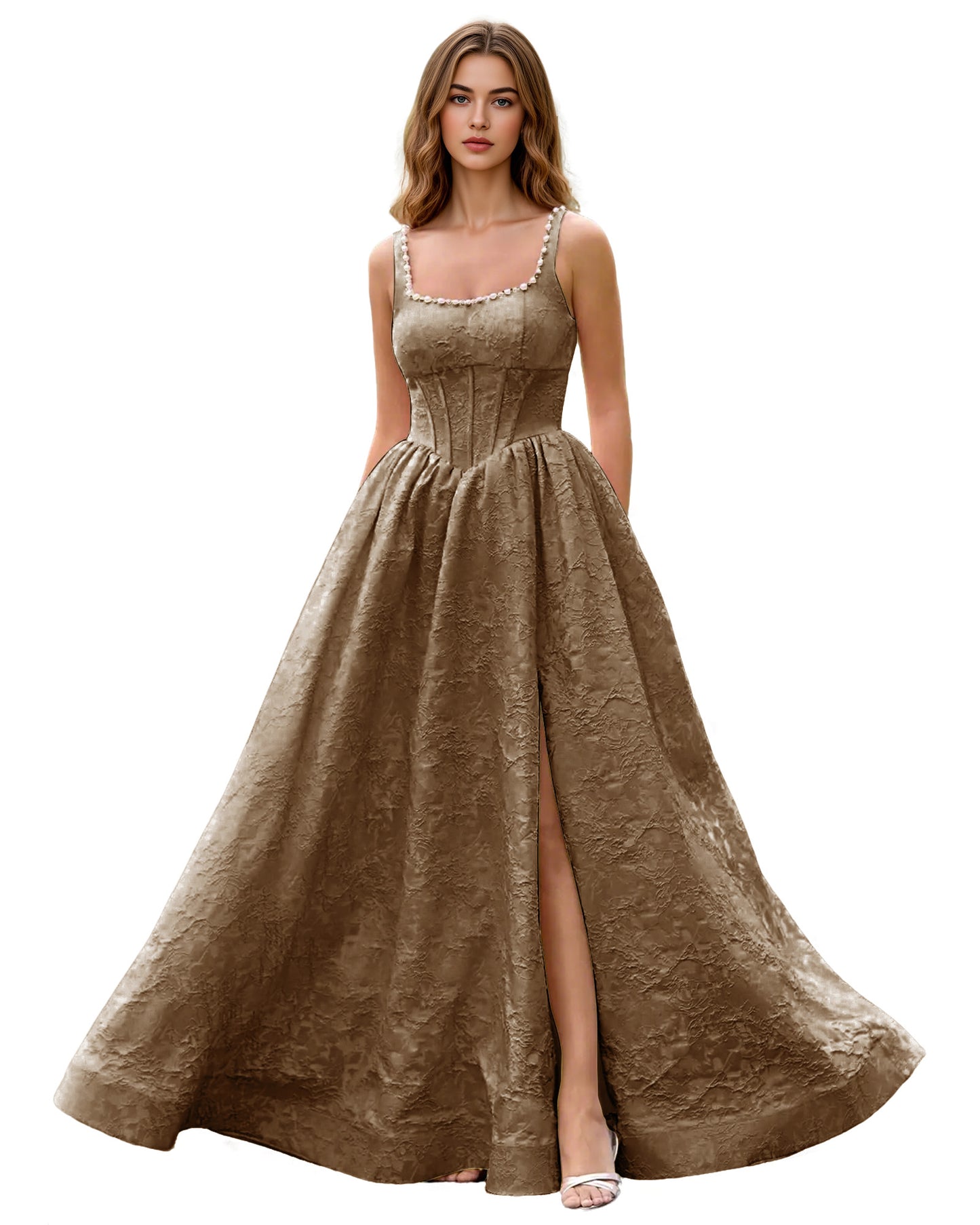 Square Neck Jacquard Ball Gown Prom Dress with Wide Straps and Pockets