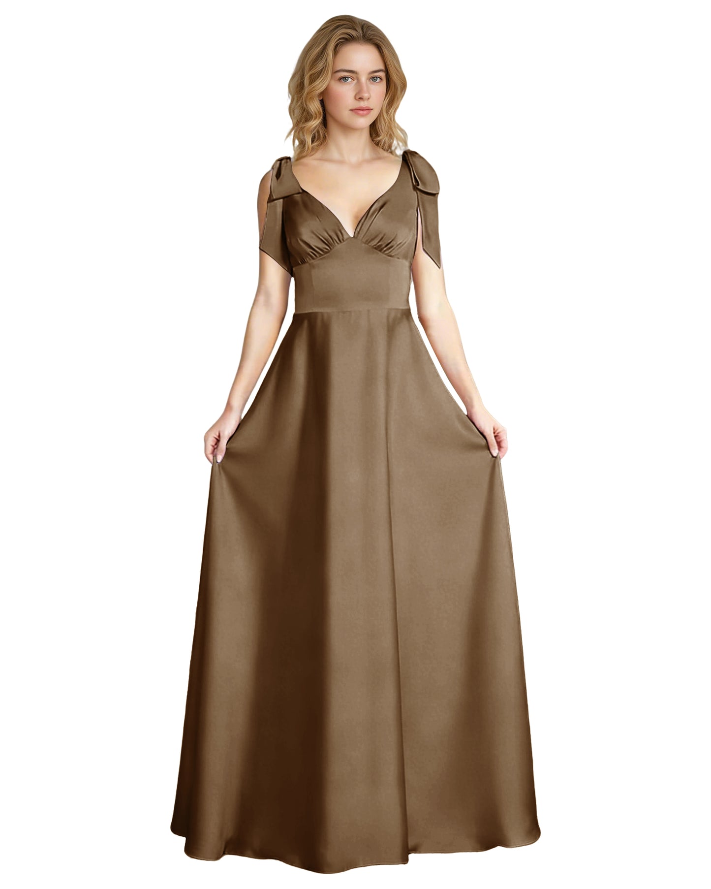 V-Neck Bow Strap Satin Bridesmaid Dress with Empire Waist