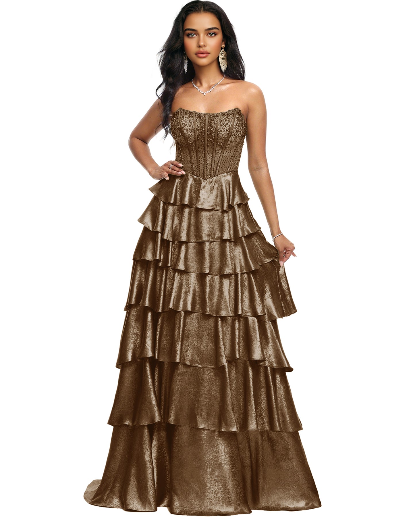 Strapless Tiered Sequin A-Line Prom Dress with Ruffle Layers