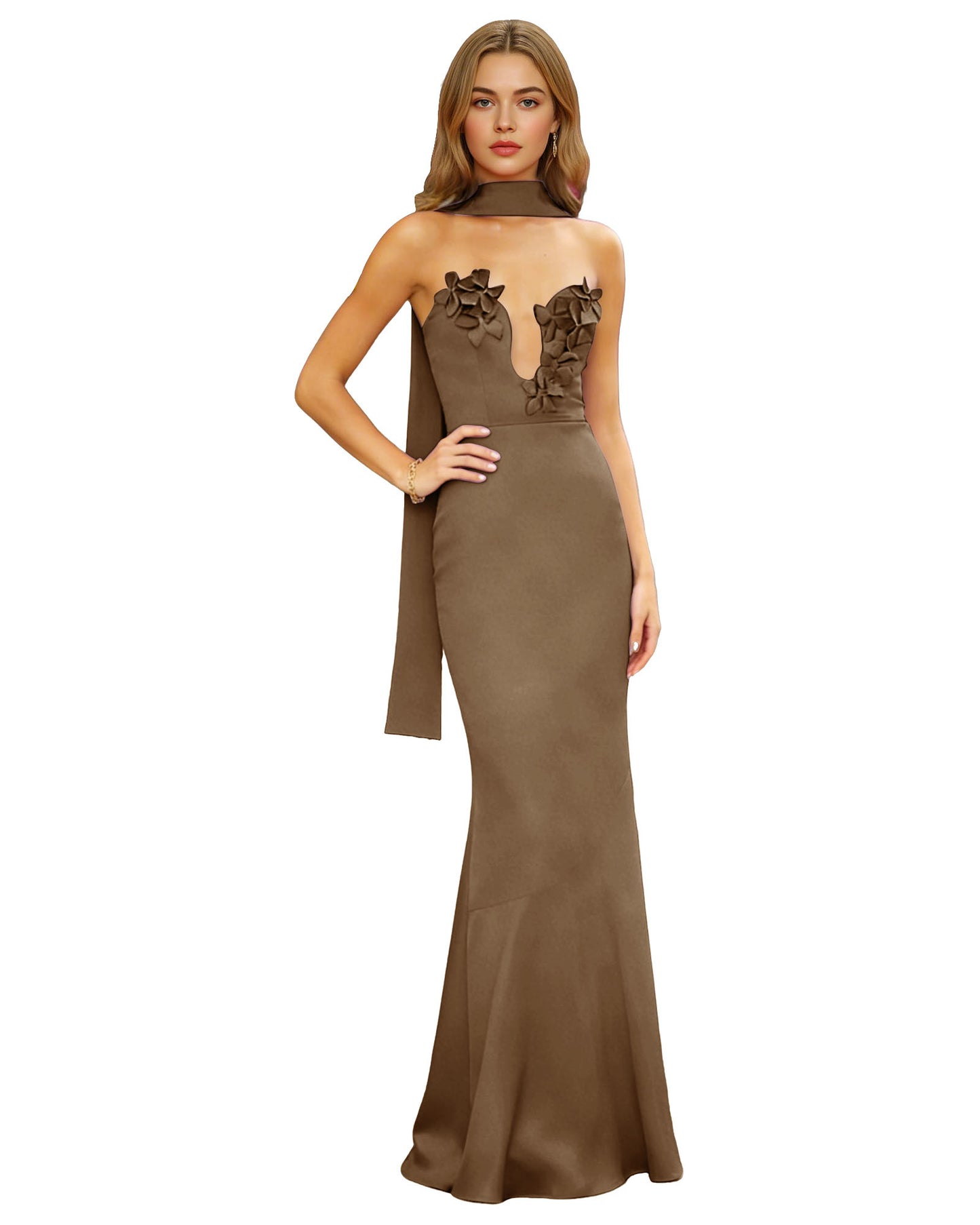 Halter Neck Satin Column Prom Dress with Illusion Cutout and Open Back