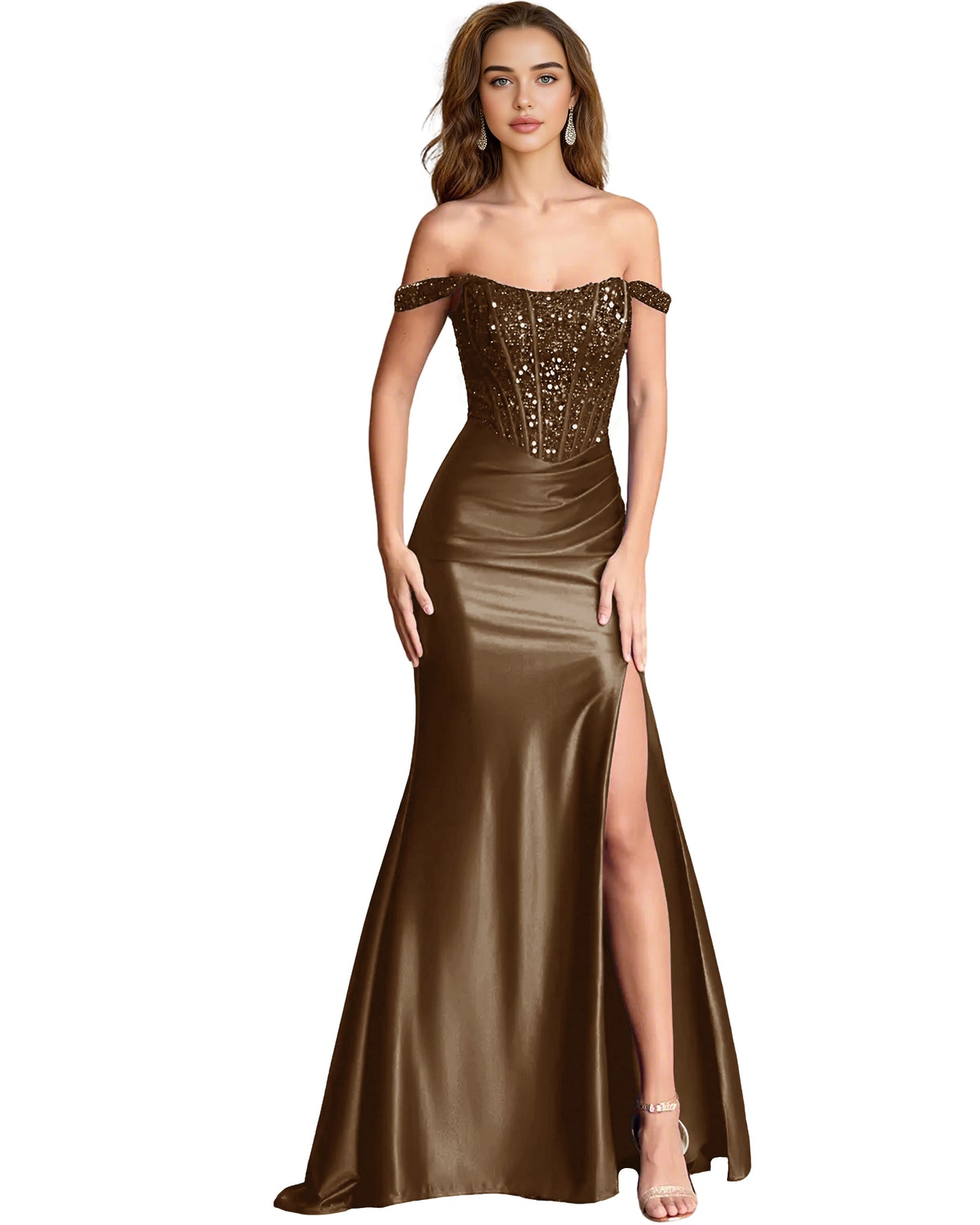Off Shoulder Sequin Satin Mermaid Dress with Draped dress Slit