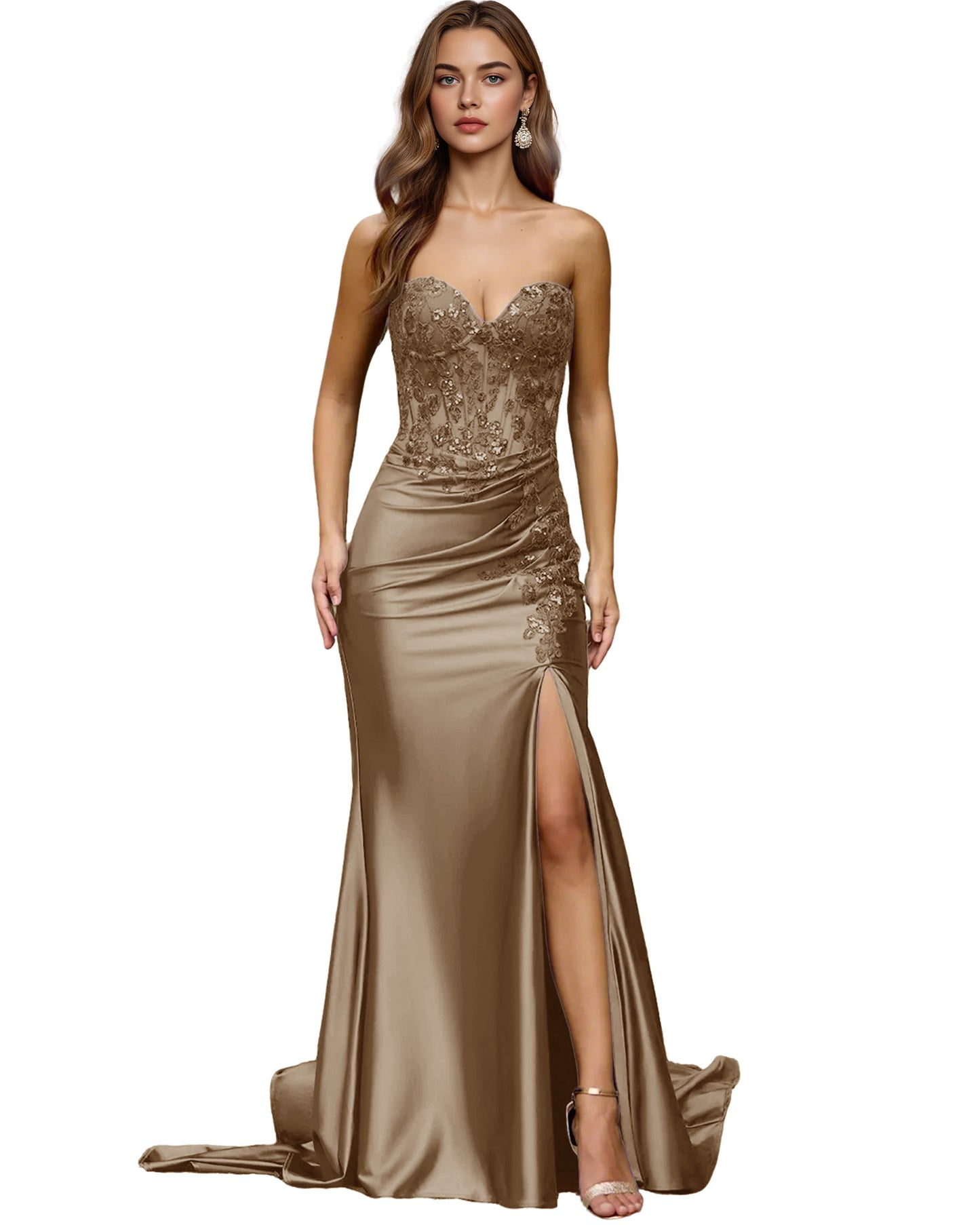 Strapless Emerald Satin Mermaid Prom Dress with Beaded Bodice and Slit