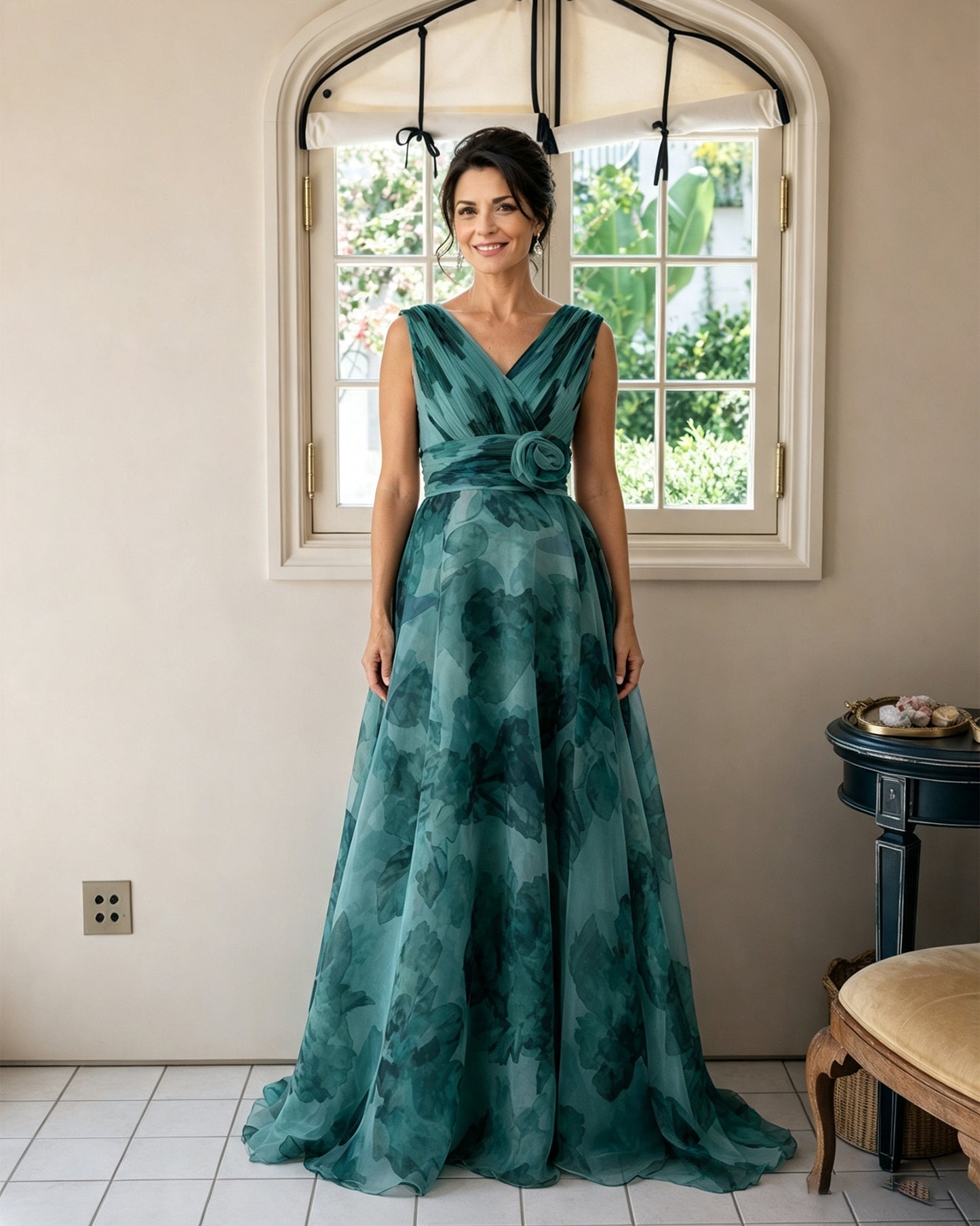 Floral Print V-Neck Chiffon Mother of the Bride Dress with Rosette Sash