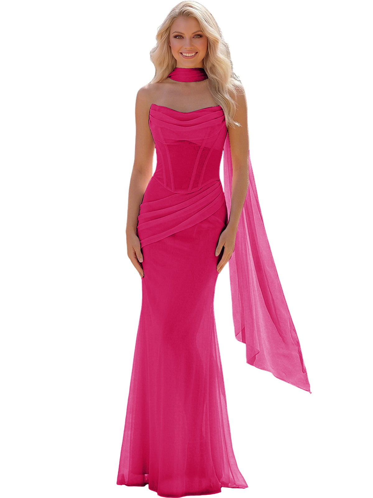 Strapless Chiffon Bridesmaid Gown with Sheer Boned Bodice, Ruched Waist and Scarf