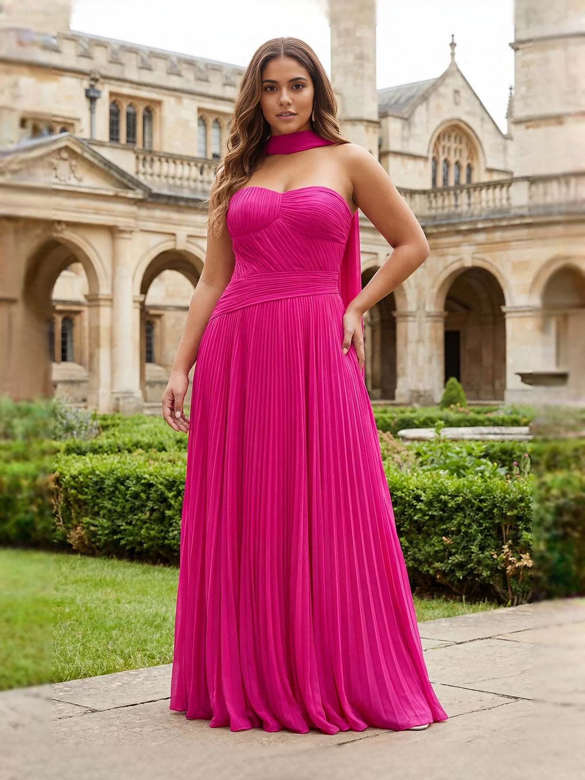 Fuchsia Pleated Draped Sweetheart A-Line Maxi Chiffon Prom Dress for Prom Night