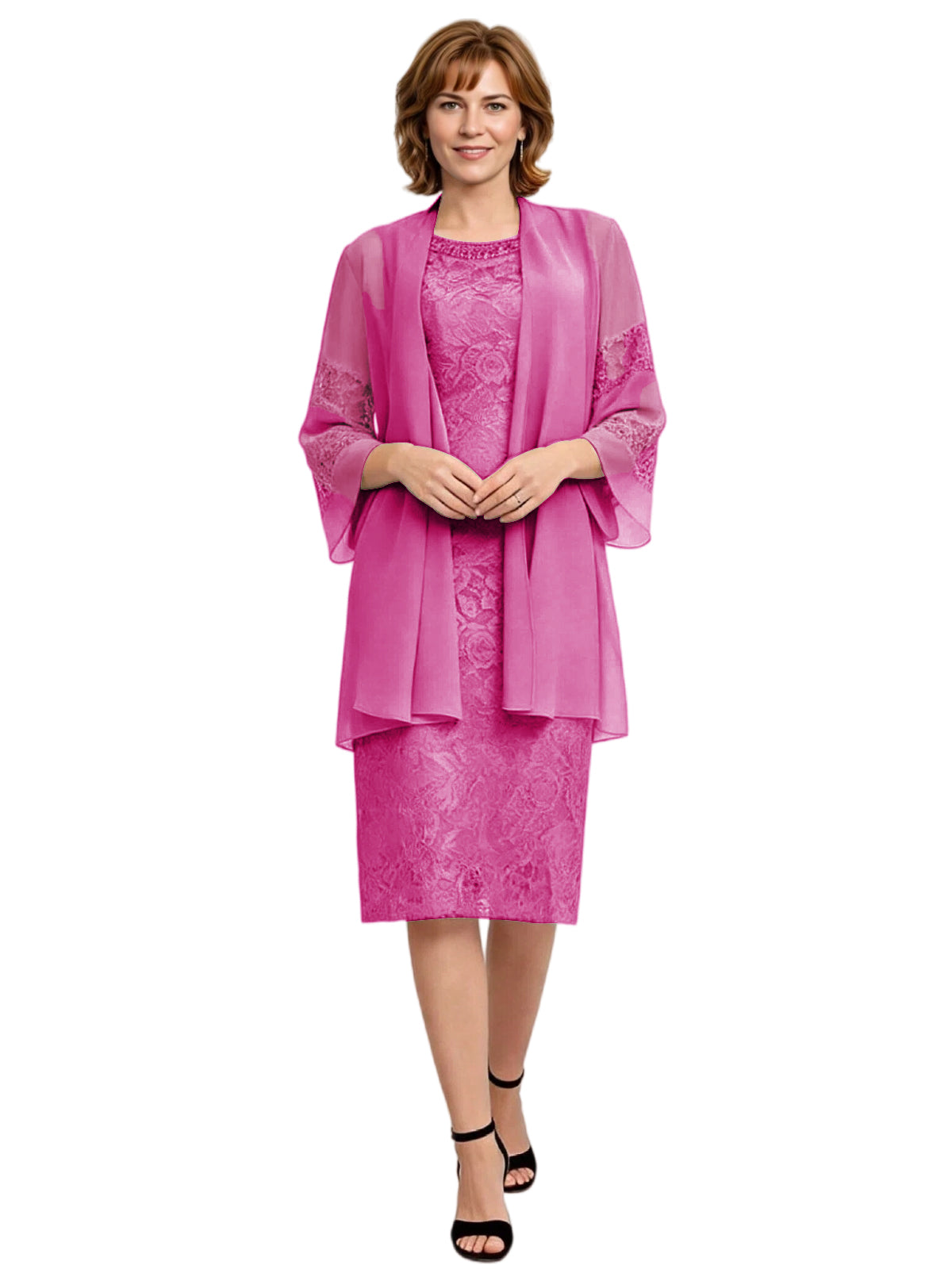 Mother of the Bride Dress with Jacket Knee Length Lace Formal Wedding Guest Outfit