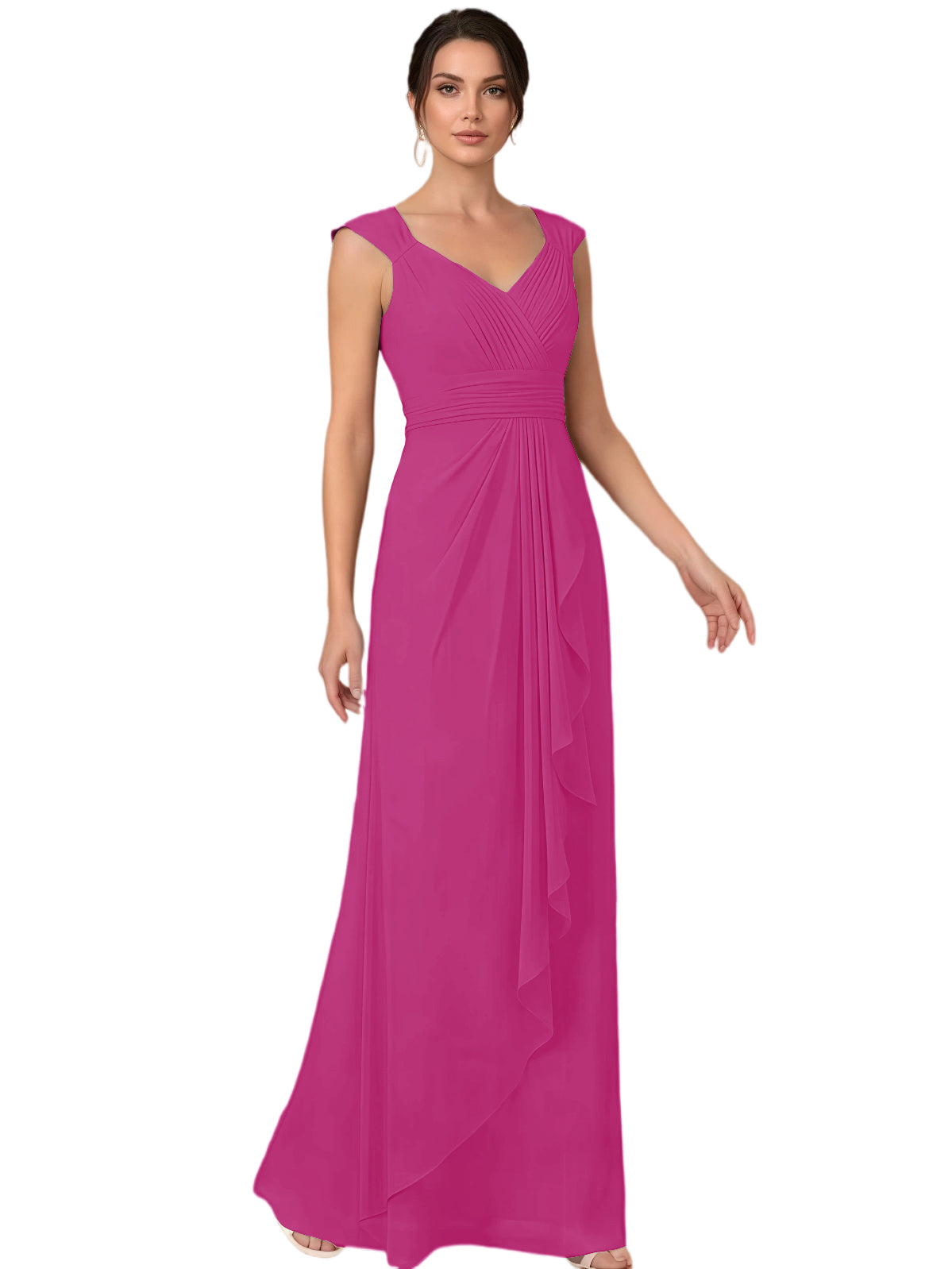 Mother of the Bride Dress Long Sleeveless V-Neck Chiffon Formal Gown with Ruffle Detail