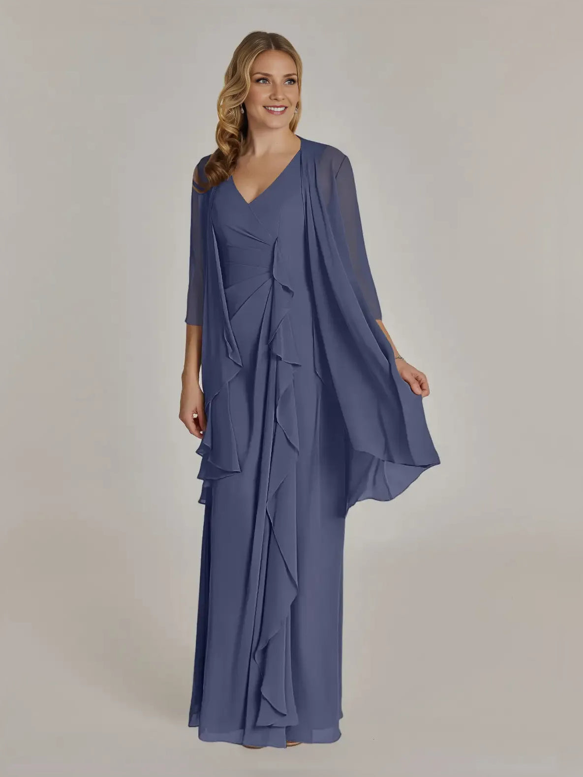 Layered Ruffled V Neck Sheath Maxi Chiffon Mother of the Bride Dress for Reception Dinner