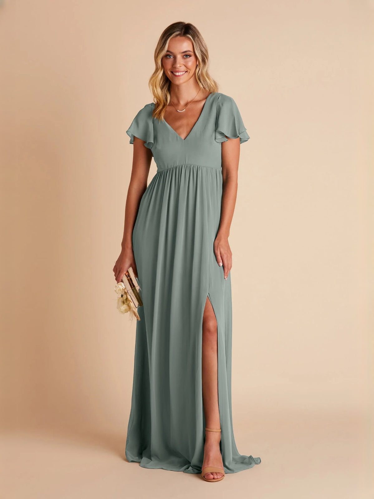 Side-Slit Slit V Neck A-Line Maxi Chiffon Bridesmaid Dress for Estate Wedding