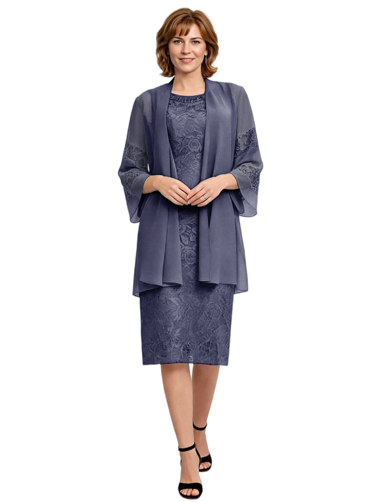 Mother of the Bride Dress with Jacket Knee Length Lace Formal Wedding Guest Outfit