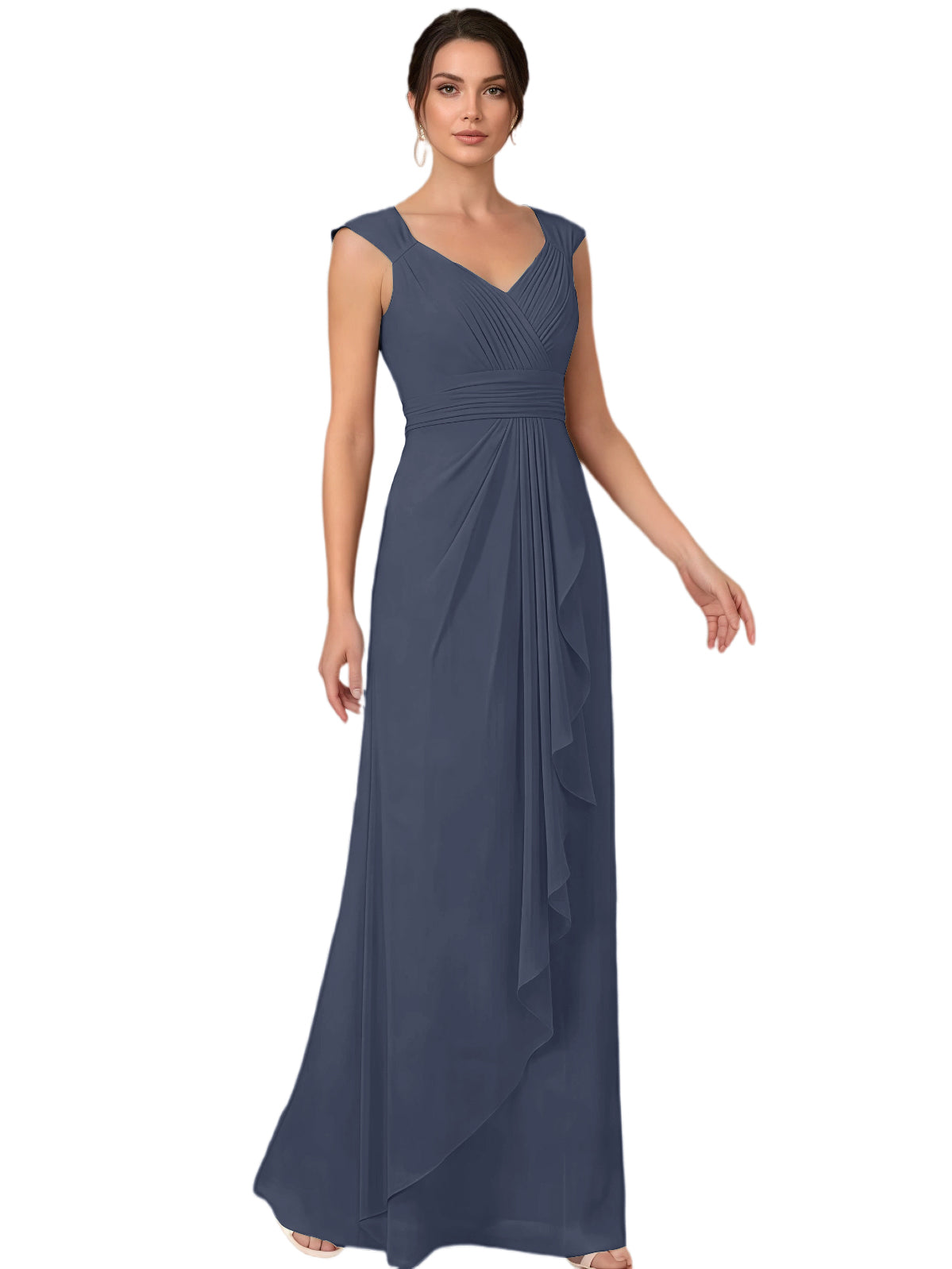 Mother of the Bride Dress Long Sleeveless V-Neck Chiffon Formal Gown with Ruffle Detail