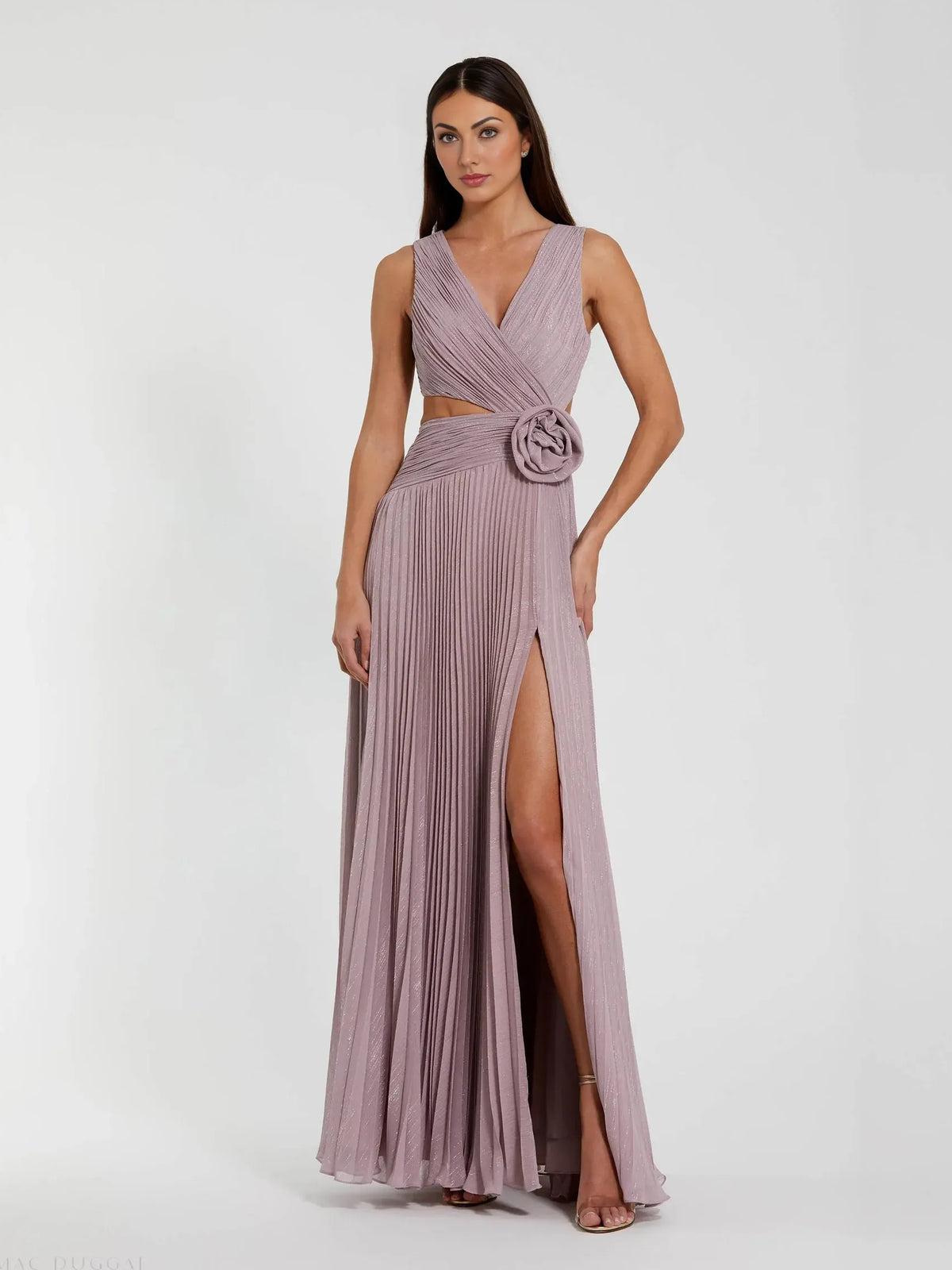Pleated Cut-Out Floral Slit V Neck A-Line Maxi Prom Dress for Ballroom Event