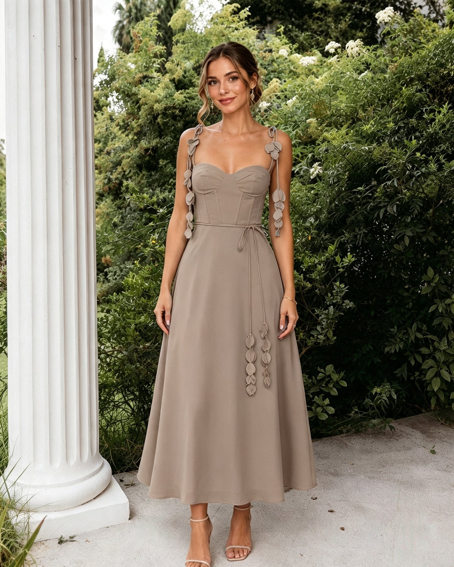 Sweetheart Floral Strap A-Line Midi Bridesmaid Dress with Corset Bodice