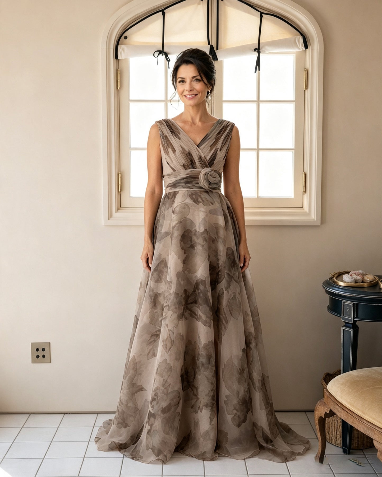 Floral Print V-Neck Chiffon Mother of the Bride Dress with Rosette Sash