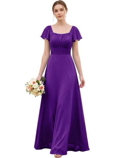 Square Neck Chiffon Bridesmaid Dress with Flutter Sleeves and Lace-Up Back
