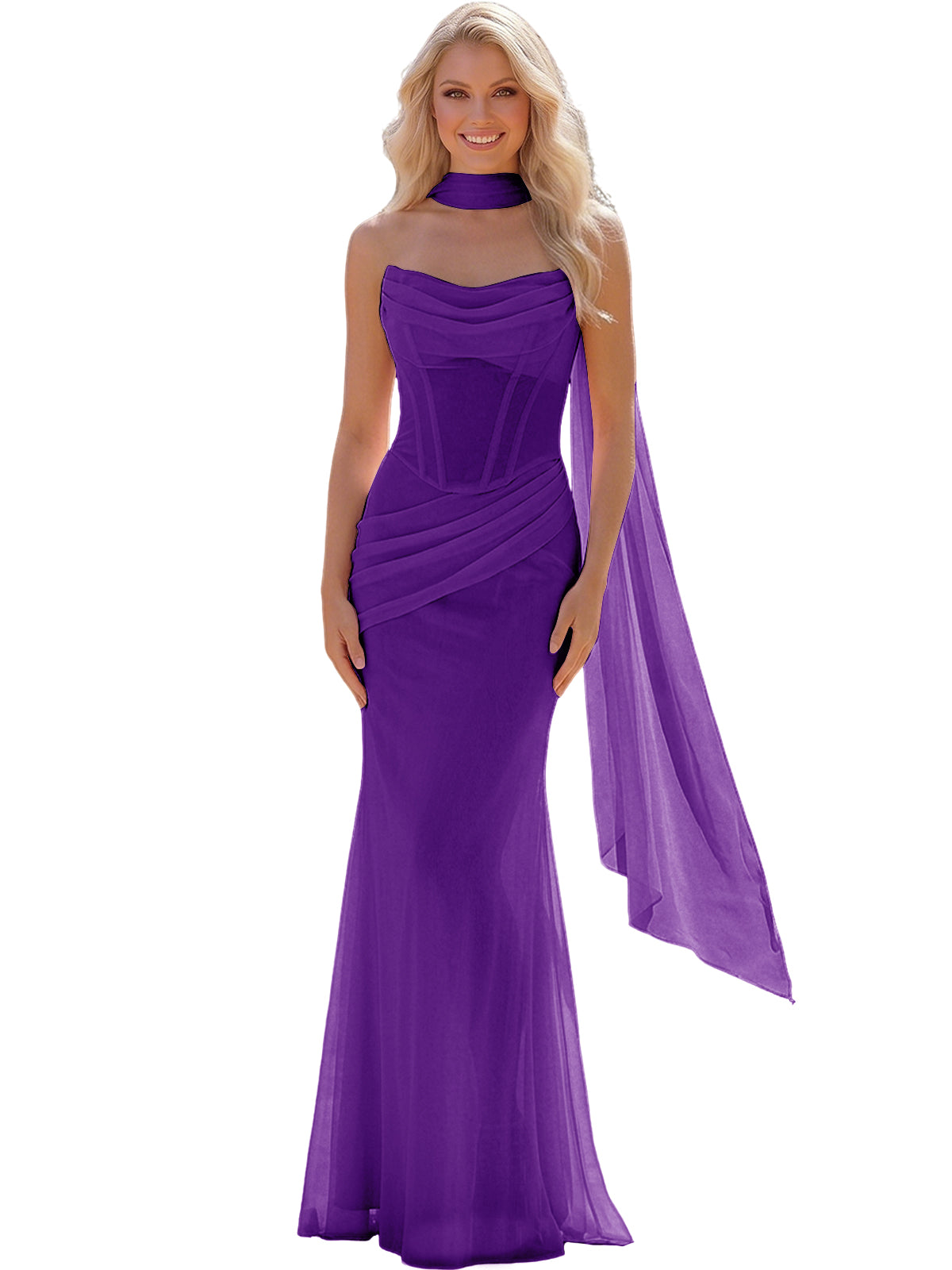 Strapless Chiffon Bridesmaid Gown with Sheer Boned Bodice, Ruched Waist and Scarf