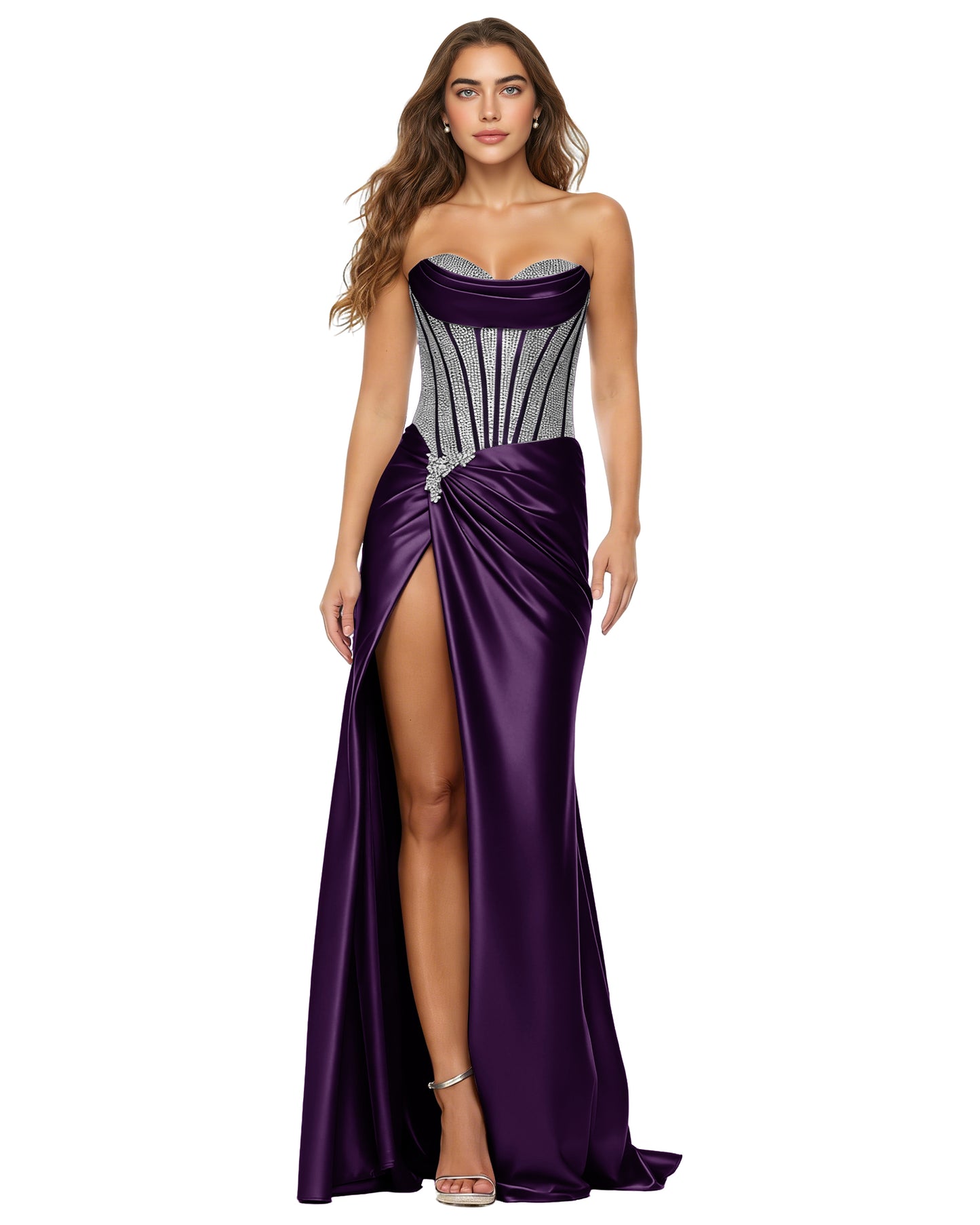 Strapless Striped Corset Prom Gown with Velvet Skirt and High Slit