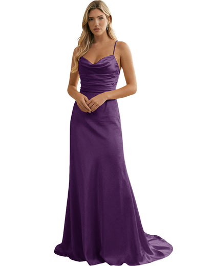 Spaghetti Straps Ruched Satin Floor Length Bridesmaid Dress