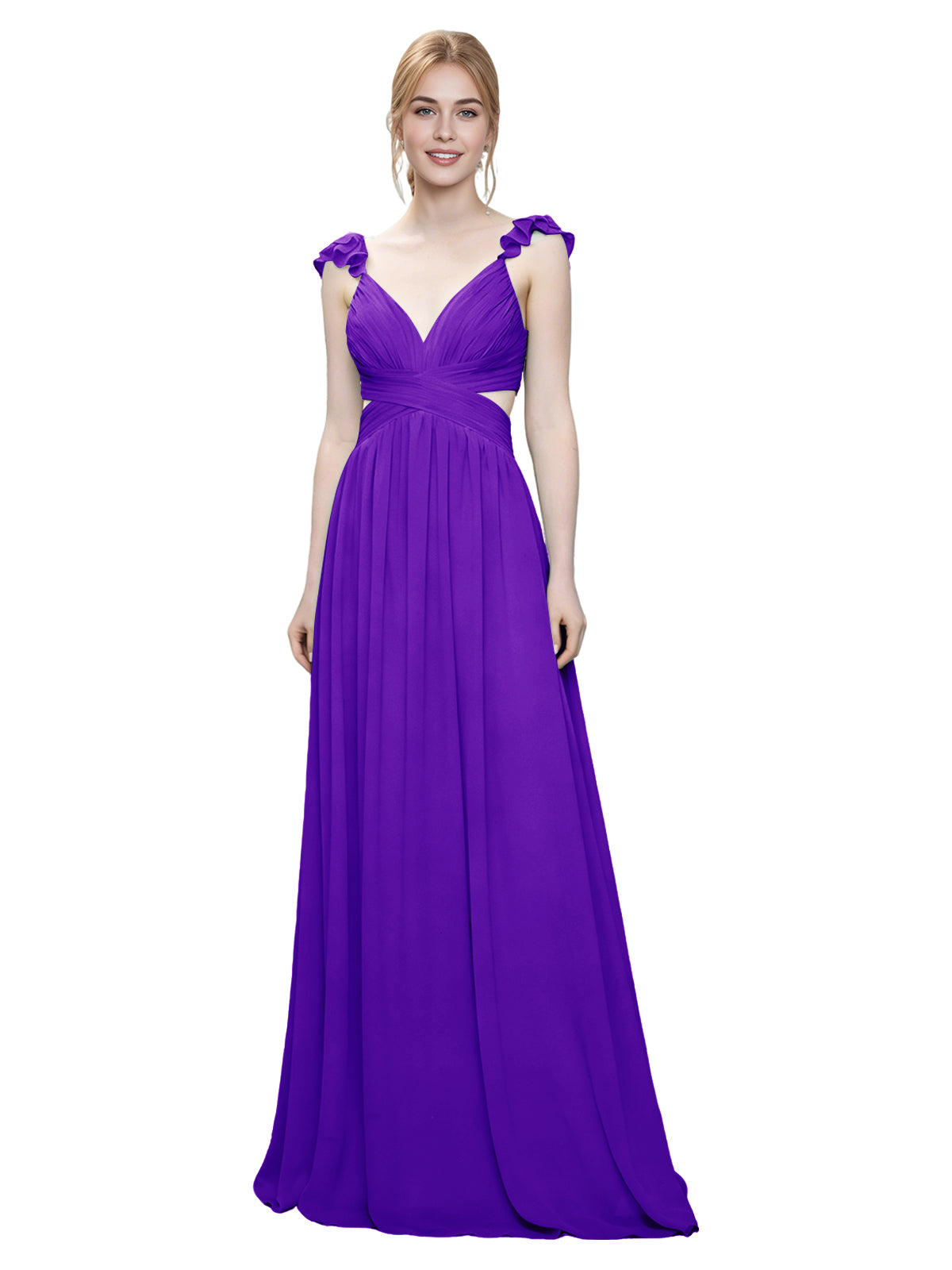 Ruffle Strap V-Neck Tulle Bridesmaid Dress with Pleated Waist