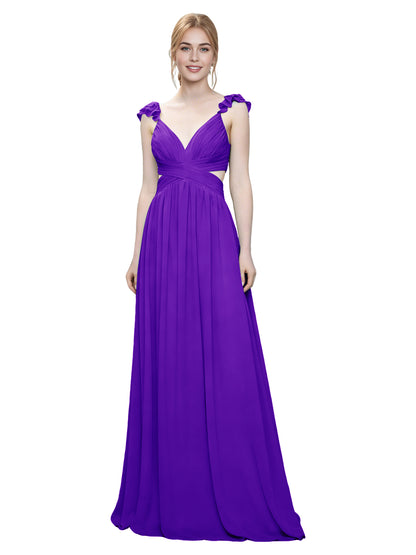 Ruffle Strap V-Neck Tulle Bridesmaid Dress with Pleated Waist