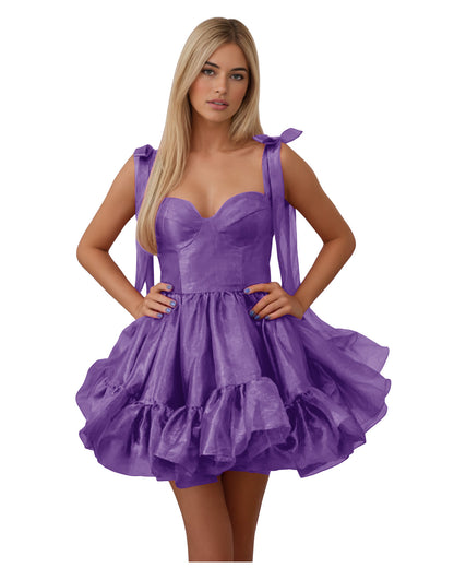 Bow Shoulder Satin Corset Ruffle Homecoming Dress
