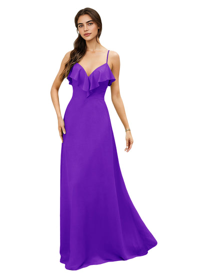 Ruffle V-Neck Chiffon Bridesmaid Dress with Spaghetti Straps
